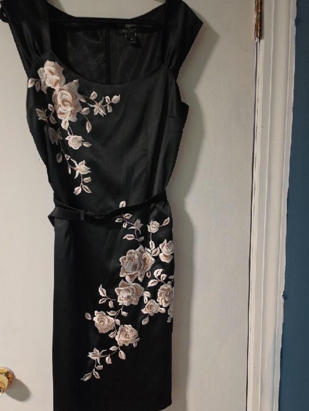 White House Black Market Black Midi Dress with Blush Floral Embroidery